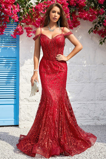 Off the Shoulder Burgundy Mermaid Corset Prom Dress with Sequins