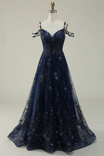 Off the Shoulder Navy A Line Glitter Prom Dress with Sequins