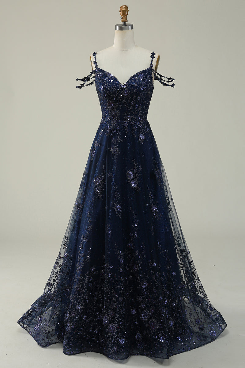 Load image into Gallery viewer, Off the Shoulder Navy A Line Glitter Prom Dress with Sequins