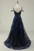 Load image into Gallery viewer, Off the Shoulder Navy A Line Glitter Prom Dress with Sequins