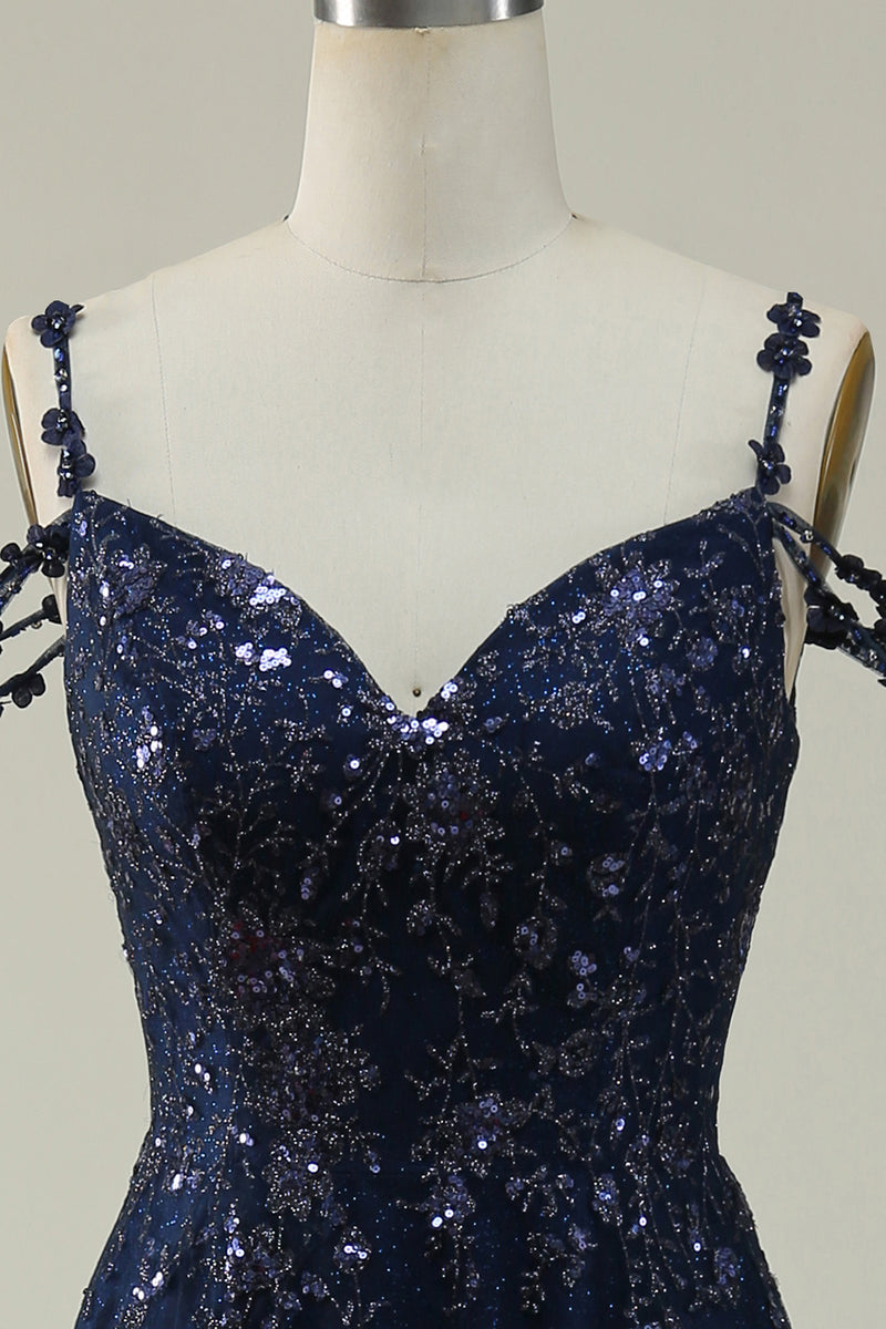 Load image into Gallery viewer, Off the Shoulder Navy A Line Glitter Prom Dress with Sequins