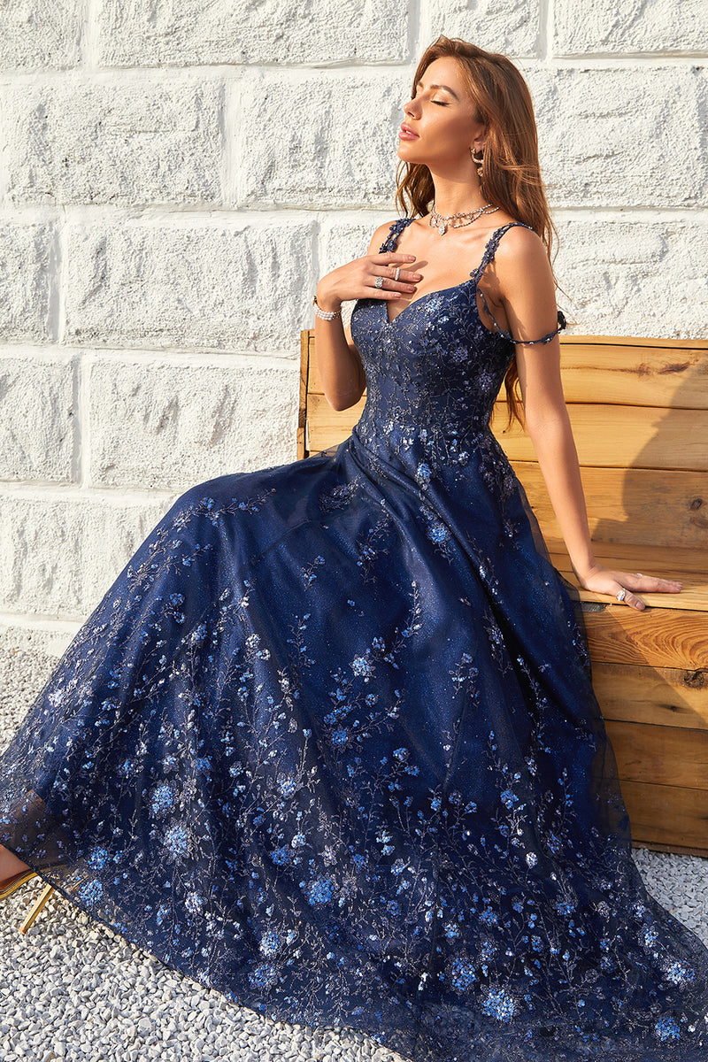 Load image into Gallery viewer, Off the Shoulder Navy A Line Glitter Prom Dress with Sequins