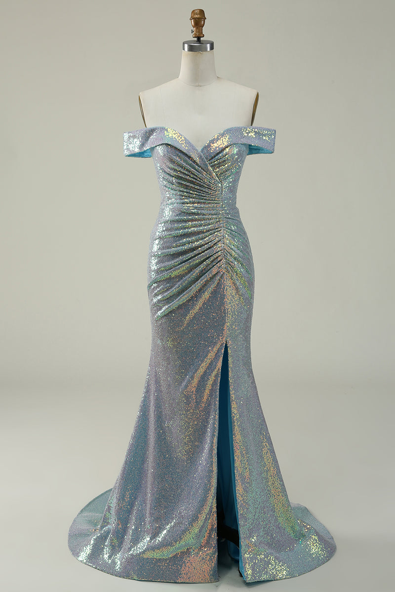 Load image into Gallery viewer, Off the Shoulder Blue Glitter Mermaid Prom Dress with Slit