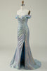 Load image into Gallery viewer, Off the Shoulder Blue Glitter Mermaid Prom Dress with Slit