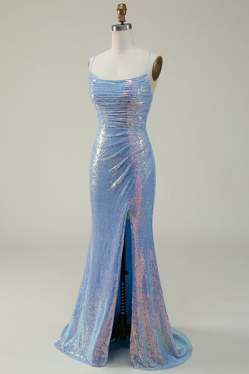 Load image into Gallery viewer, Blue Spaghetti Straps Glitter Mermaid Prom Dress with Slit