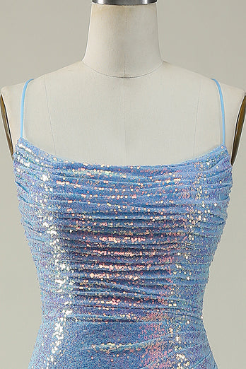 Blue Spaghetti Straps Glitter Mermaid Prom Dress with Slit