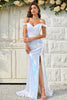 Load image into Gallery viewer, Off the Shoulder White Sequins Mermaid Prom Dress with Slit