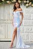 Load image into Gallery viewer, Off the Shoulder White Sequins Mermaid Prom Dress with Slit