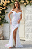 Load image into Gallery viewer, Off the Shoulder White Sequins Mermaid Prom Dress with Slit