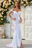 Load image into Gallery viewer, Off the Shoulder White Sequins Mermaid Prom Dress with Slit