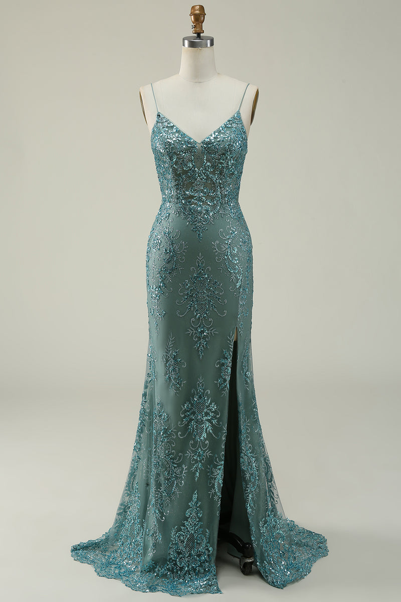 Load image into Gallery viewer, Green Spaghetti Straps Glitter Prom Dress with Appliques