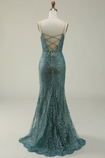 Green Spaghetti Straps Glitter Prom Dress with Appliques