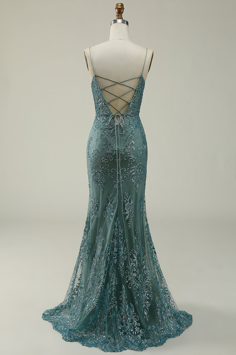 Load image into Gallery viewer, Green Spaghetti Straps Glitter Prom Dress with Appliques