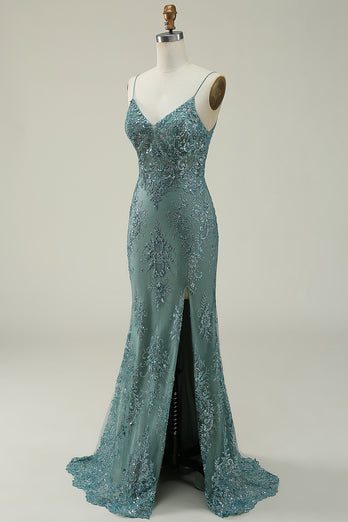 Green Spaghetti Straps Glitter Prom Dress with Appliques