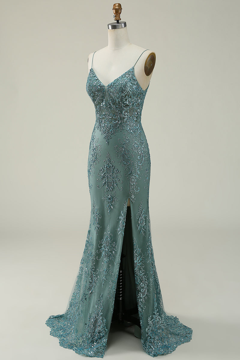 Load image into Gallery viewer, Green Spaghetti Straps Glitter Prom Dress with Appliques