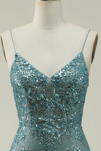 Green Spaghetti Straps Glitter Prom Dress with Appliques