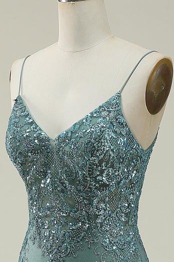 Green Spaghetti Straps Glitter Prom Dress with Appliques