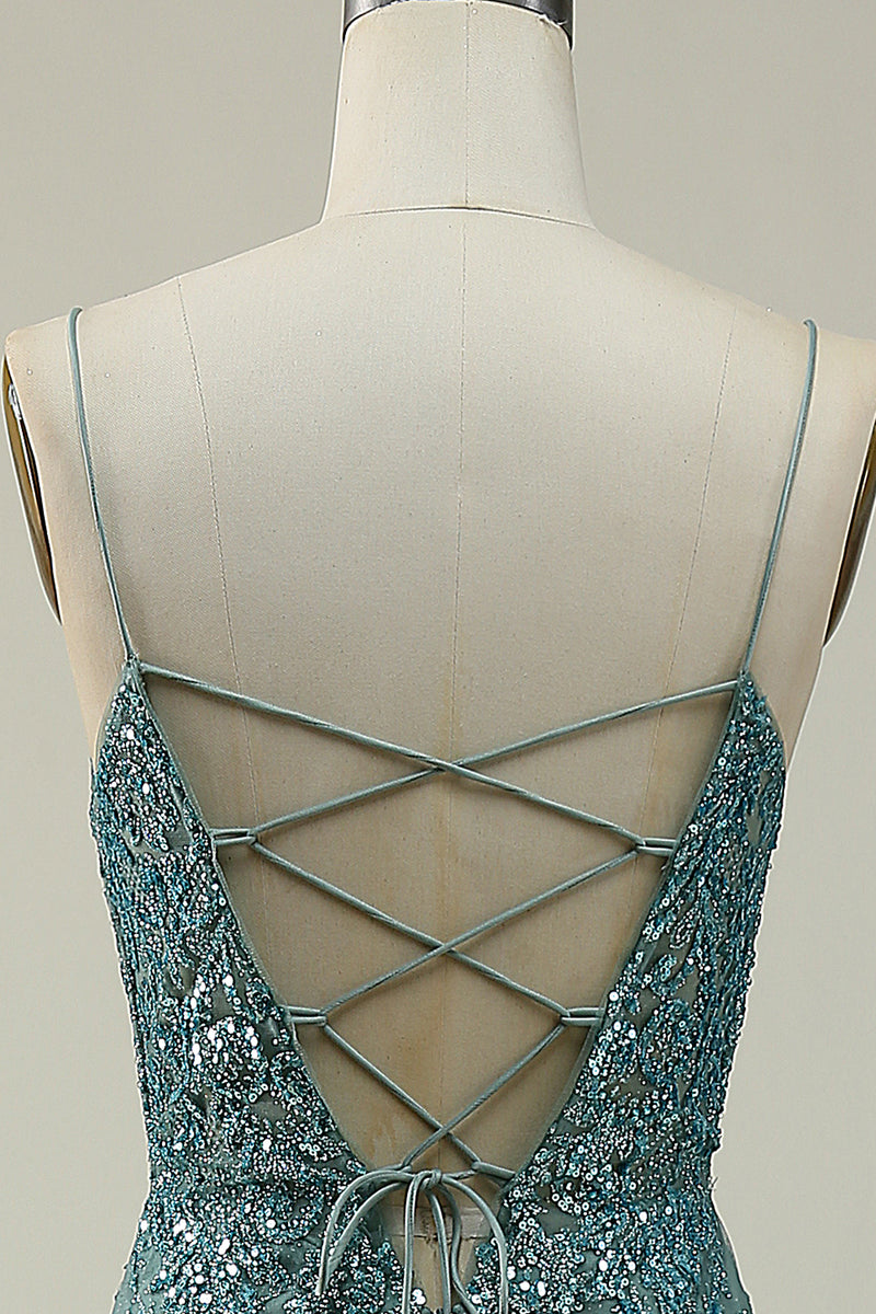 Load image into Gallery viewer, Green Spaghetti Straps Glitter Prom Dress with Appliques