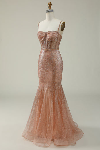 Blush Spaghetti Straps Tulle Glitter Corset Prom Dress