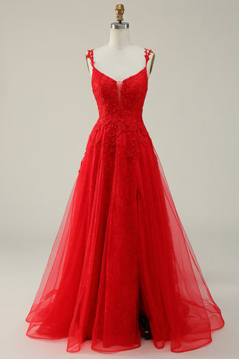 Red A Line Tulle Appliques Prom Dress with Slit