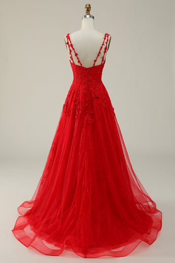 Red A Line Tulle Appliques Prom Dress with Slit