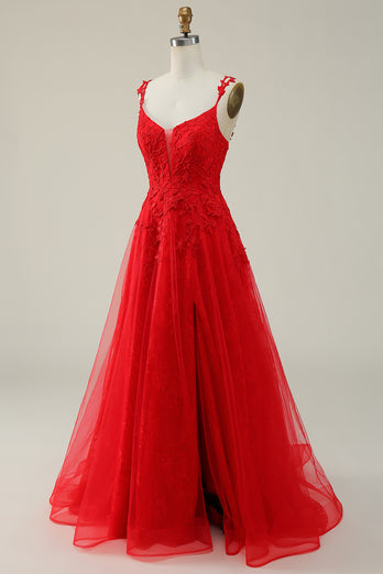 Red A Line Tulle Appliques Prom Dress with Slit