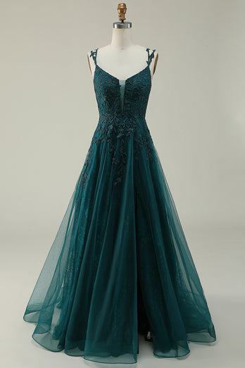 Dark Green A Line Tulle Appliques Prom Dress with Slit