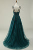 Load image into Gallery viewer, Dark Green A Line Tulle Appliques Prom Dress with Slit