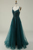 Load image into Gallery viewer, Dark Green A Line Tulle Appliques Prom Dress with Slit