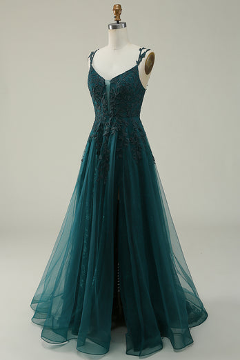 Dark Green A Line Tulle Appliques Prom Dress with Slit