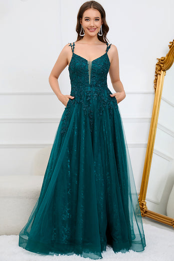 Dark Green A Line Tulle Appliques Prom Dress with Slit