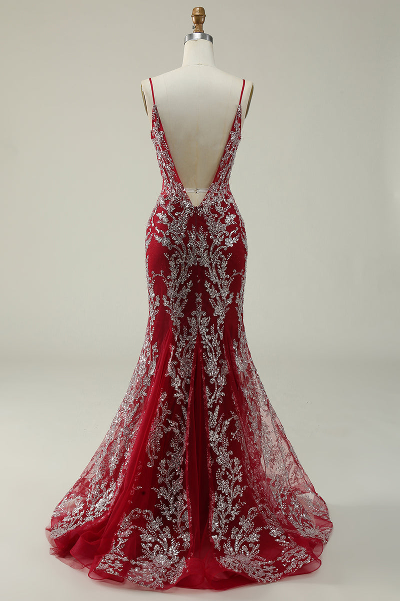 Load image into Gallery viewer, Burgundy Spaghetti Straps Mermaid Glitter Prom Dress