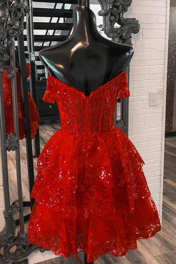 Sparkly Red Corset Tiered Lace A-Line Short Graduation Dress
