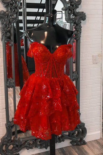 Sparkly Red Corset Tiered Lace A-Line Short Graduation Dress
