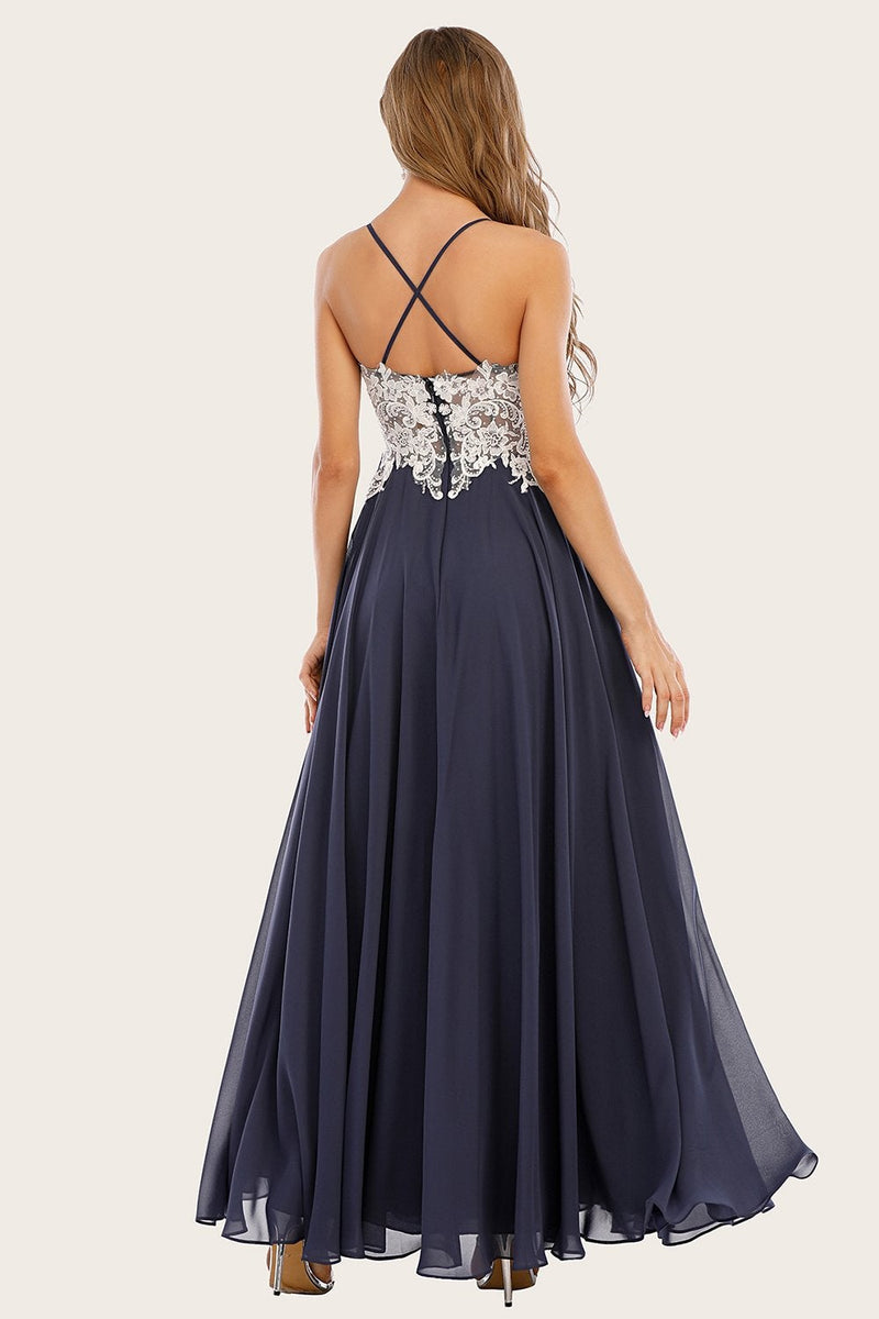 Load image into Gallery viewer, Dusty Blue Long Chiffon Prom Dress with Lace