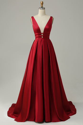 Burgundy A Line Satin Simple Prom Dress