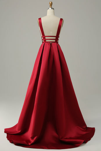 Burgundy A Line Satin Simple Prom Dress