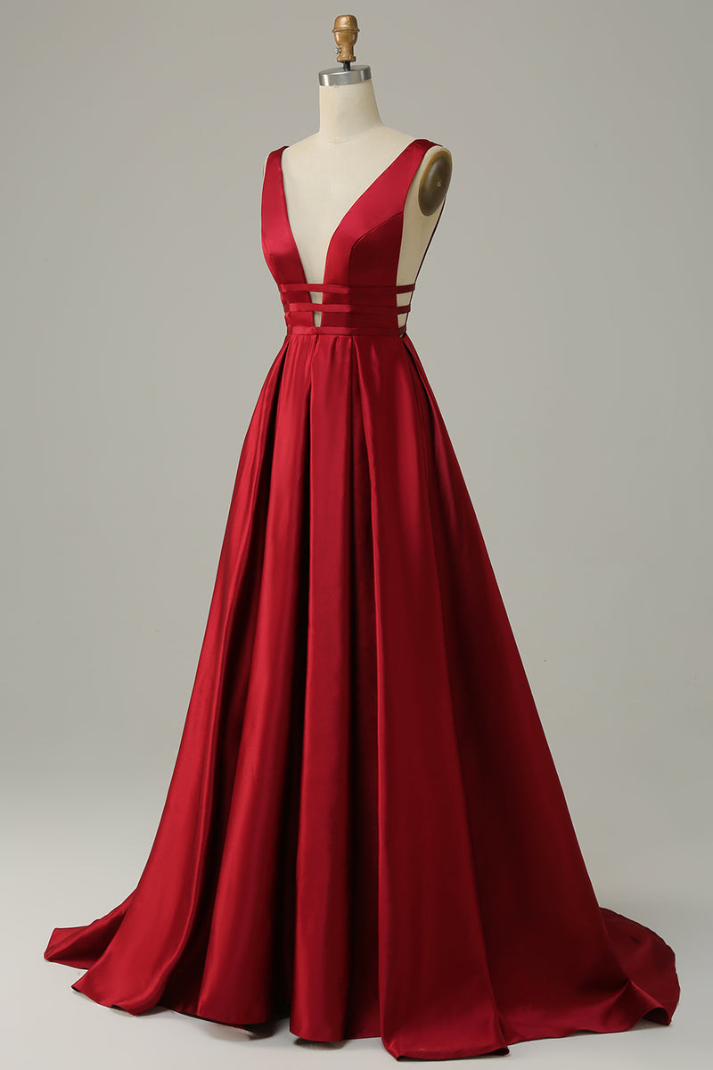 Load image into Gallery viewer, Burgundy A Line Satin Simple Prom Dress