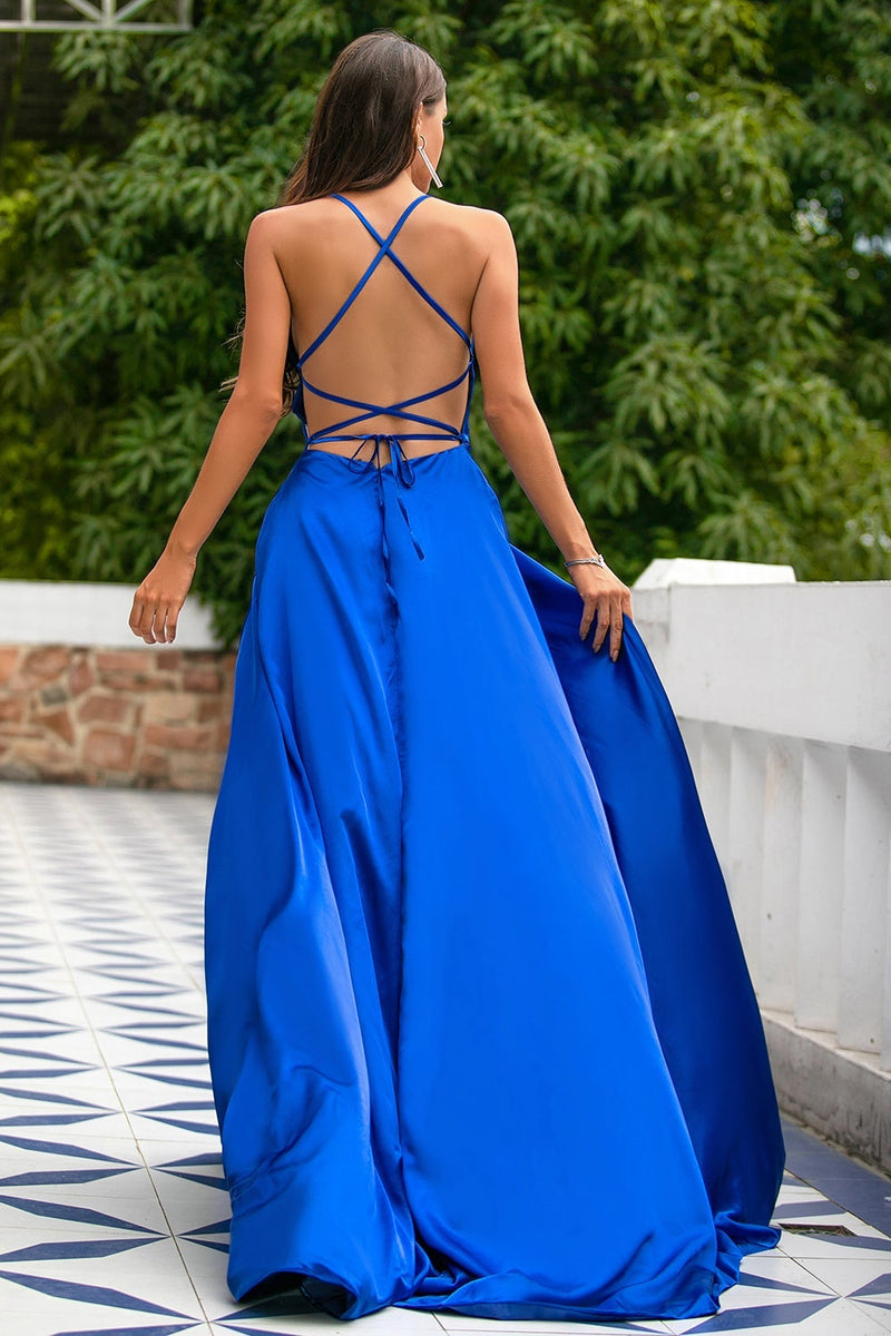 Load image into Gallery viewer, Royal Blue Backless Satin Prom Dress with Slit