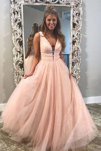 Yellow Tulle A Line Sparkly Princess Prom Dress