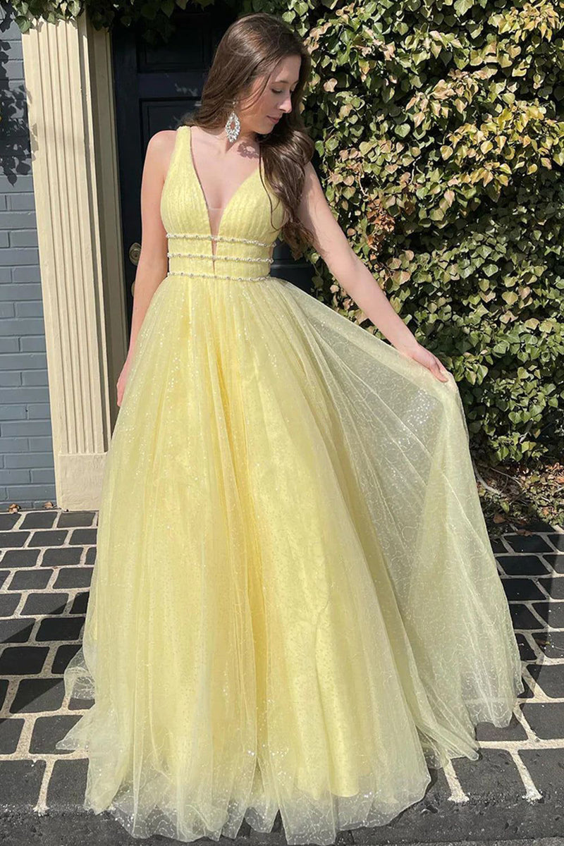 Load image into Gallery viewer, Yellow Tulle A Line Sparkly Princess Prom Dress