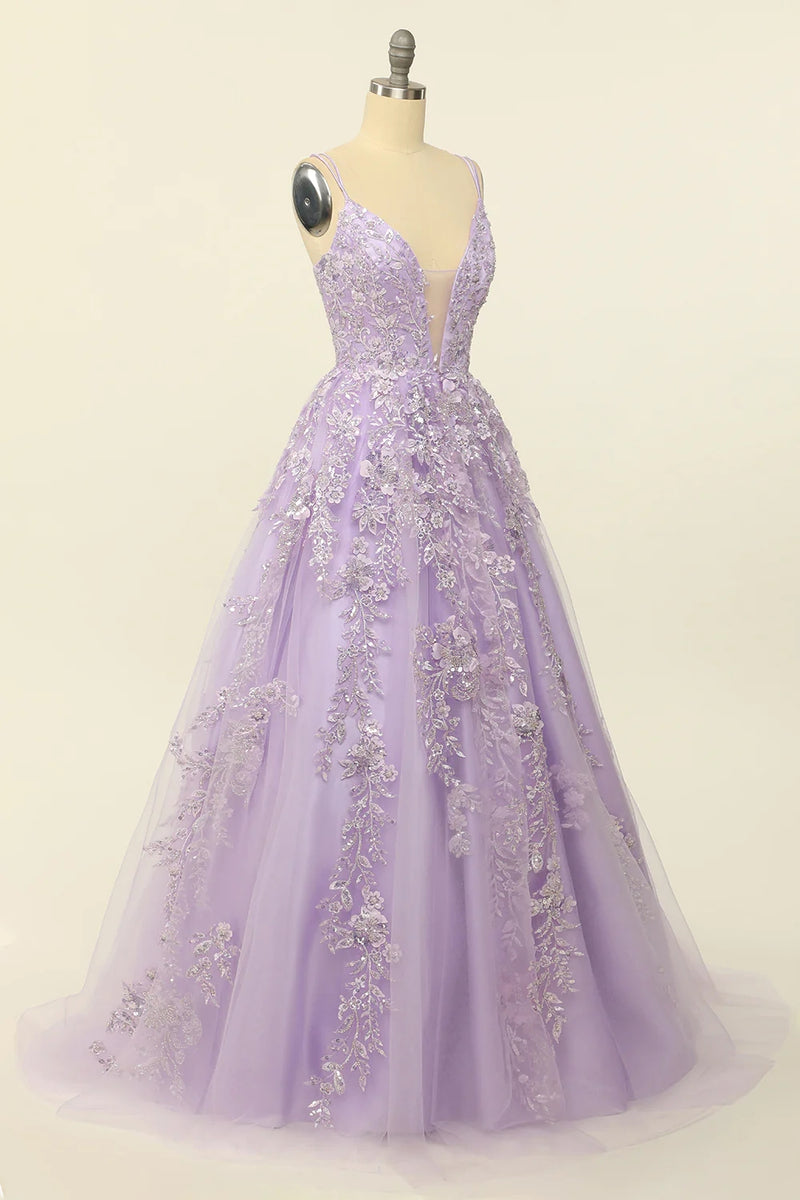 Load image into Gallery viewer, Beading A Line Lavender Prom Dress with Appliques