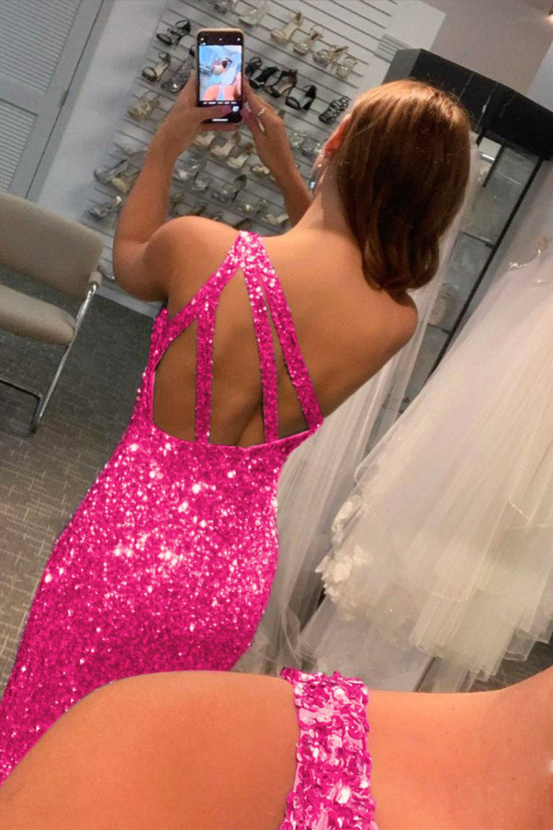 Load image into Gallery viewer, Fuchsia Sequin Long Prom Dress with Slit