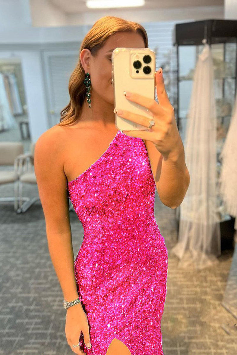 Load image into Gallery viewer, Fuchsia Sequin Long Prom Dress with Slit