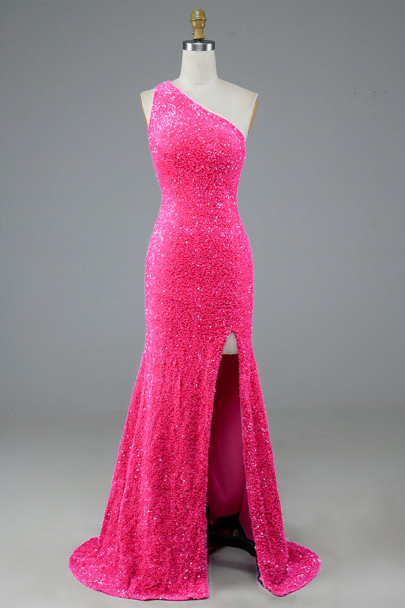 Load image into Gallery viewer, Fuchsia Sequin Long Prom Dress with Slit