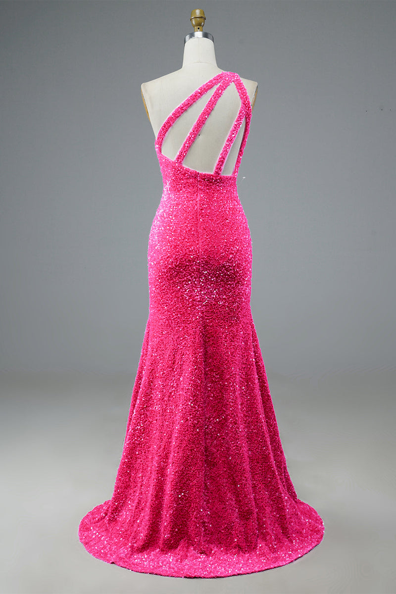 Load image into Gallery viewer, Fuchsia Sequin Long Prom Dress with Slit