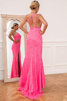 Pink Mermaid One Shoulder Sequin Prom Dresses