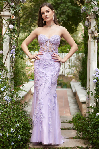 Lavender Strapless Mermaid Prom Dress with Appliques