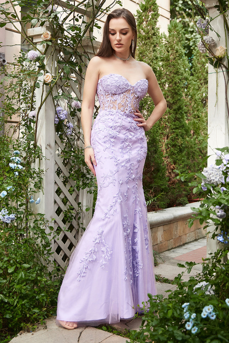 Load image into Gallery viewer, Lavender Strapless Mermaid Prom Dress with Appliques