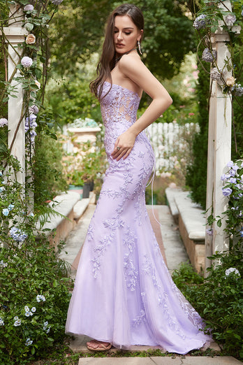 Lavender Strapless Mermaid Prom Dress with Appliques